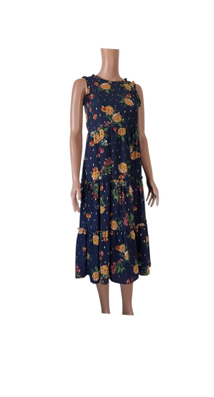 Zunie Dress Size Medium 10/12 Floral Print Gold Metallic Accents Ruffles